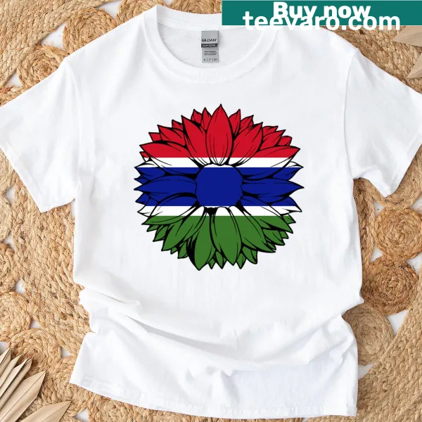 Gambian Pride T-shirt featuring a sunflower and Gambian flag illustration