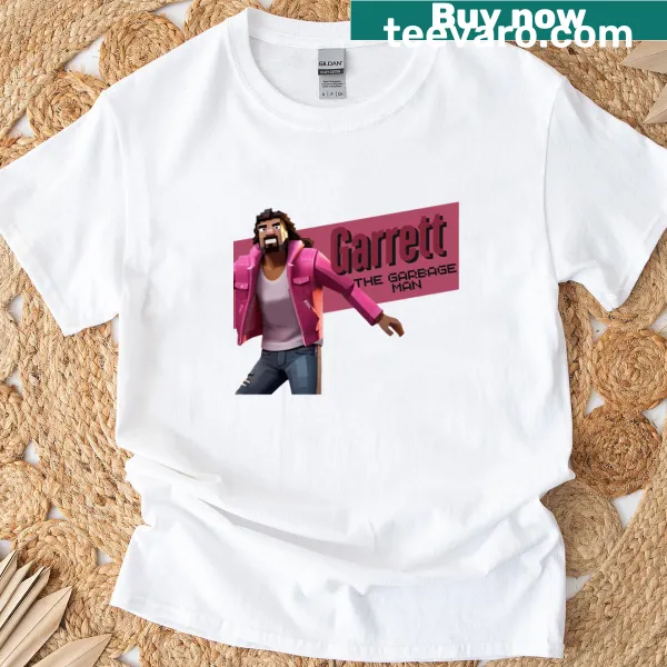Garrett as The Garbage Man in Minecraft style graphic on shirt
