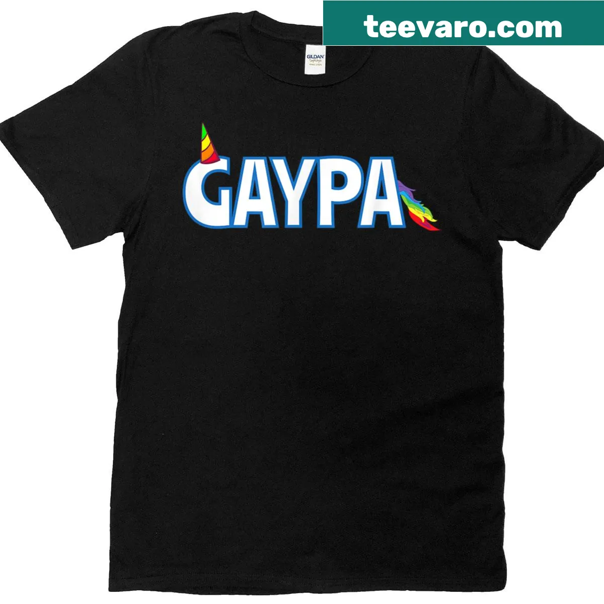 Cartoon unicorn with rainbow horn on a funny t-shirt — on a men's t-shirt