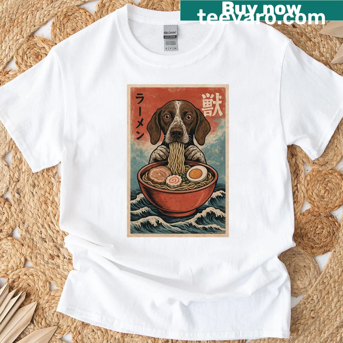 Cute German Shorthaired Pointer ramen T-shirt in kawaii style — on a men's t-shirt