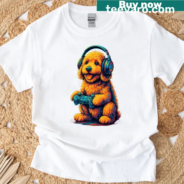 Retro gaming-themed Goldendoodle graphic on a t-shirt