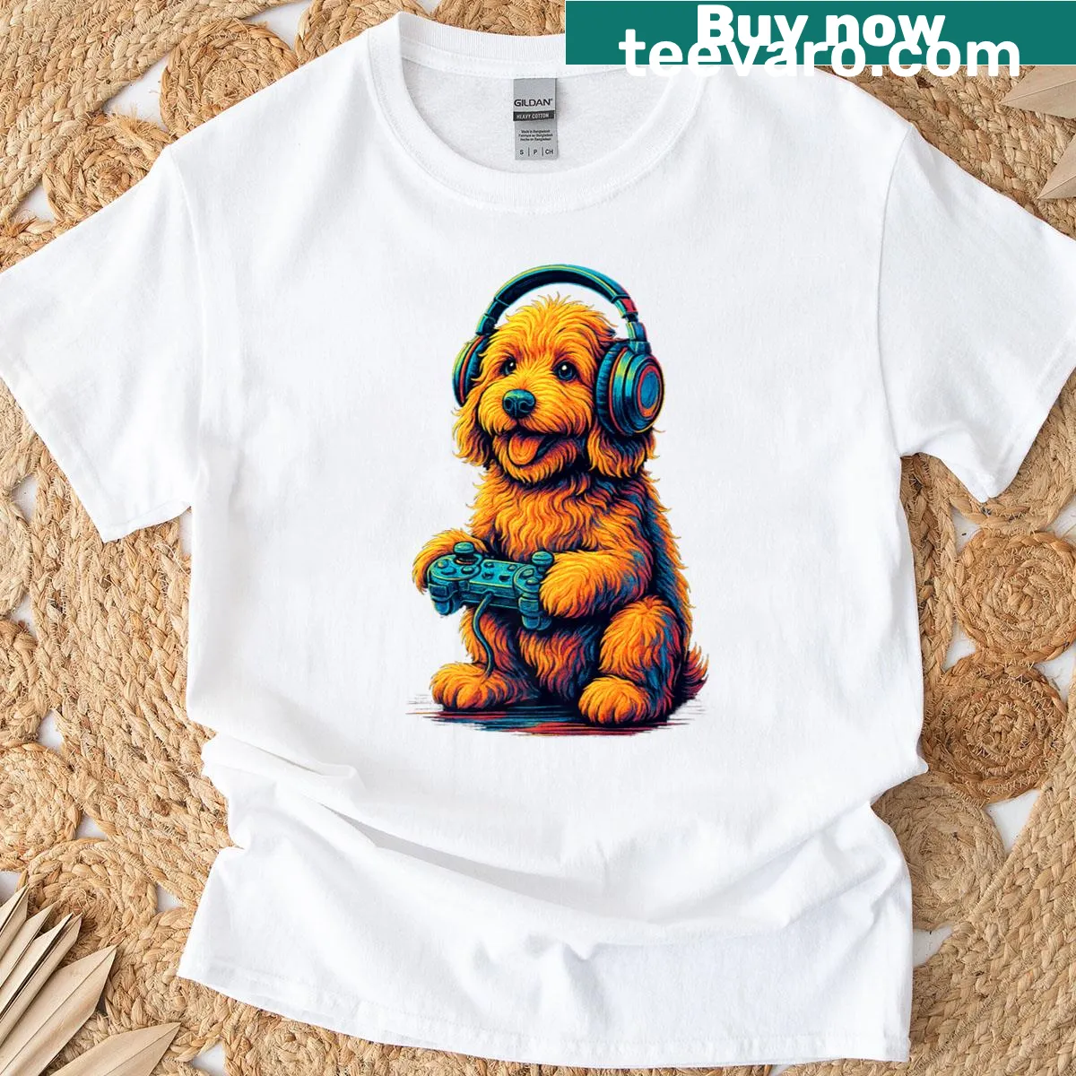 Retro gaming-themed Goldendoodle graphic on a t-shirt — on a men's t-shirt