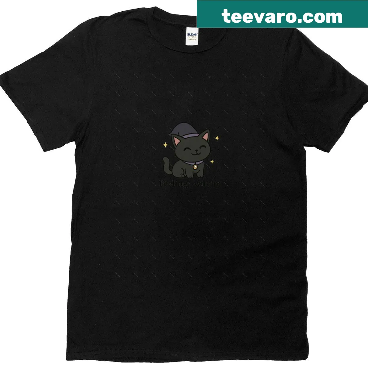 Chibi-style witch cat graphic on an oversized t-shirt — on a men's t-shirt