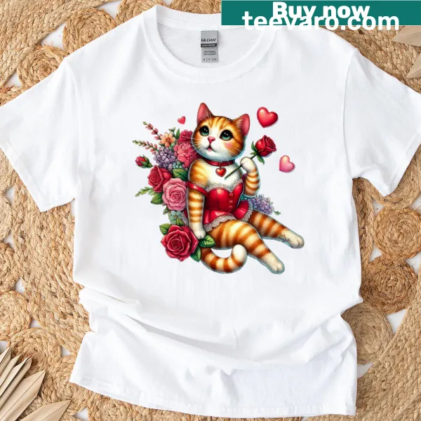 Adorable cat illustration on Hearts Desire Kitty shirt for cat lovers