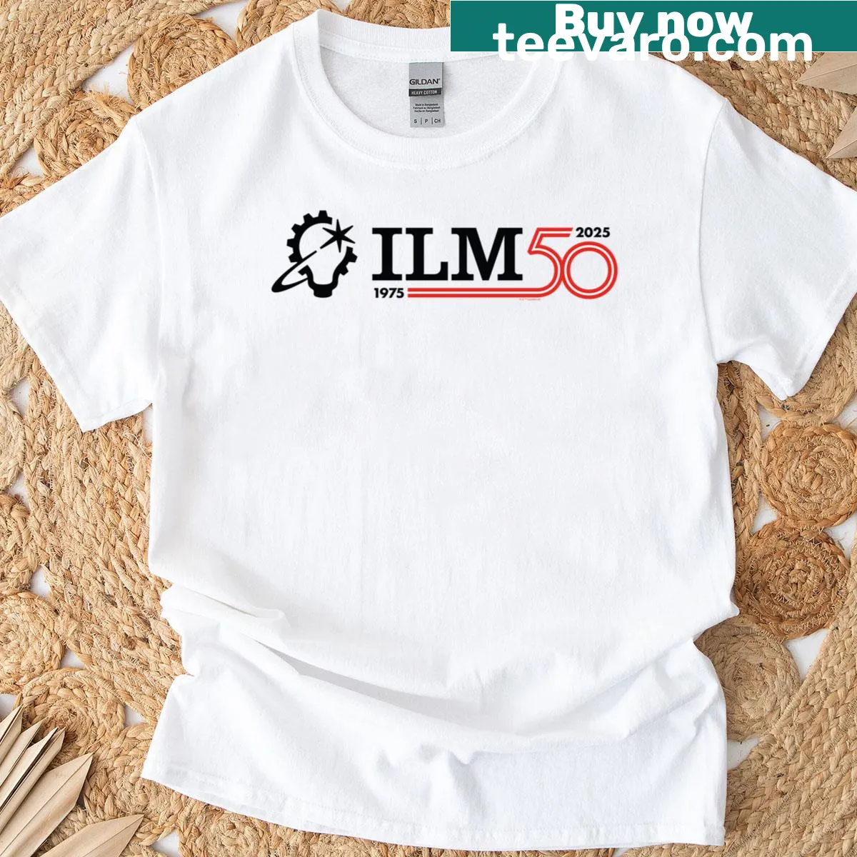 Vintage-style ILM logo graphic on 50th Anniversary T-shirt — on a men's t-shirt