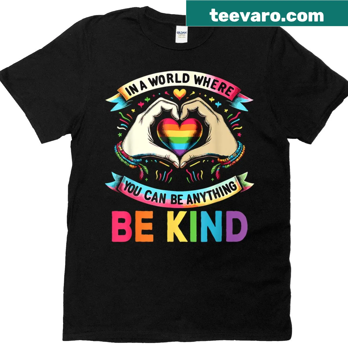 Uplifting t-shirt promoting kindness and acceptance, ideal for LGBTQ+ pride. — on a men's t-shirt