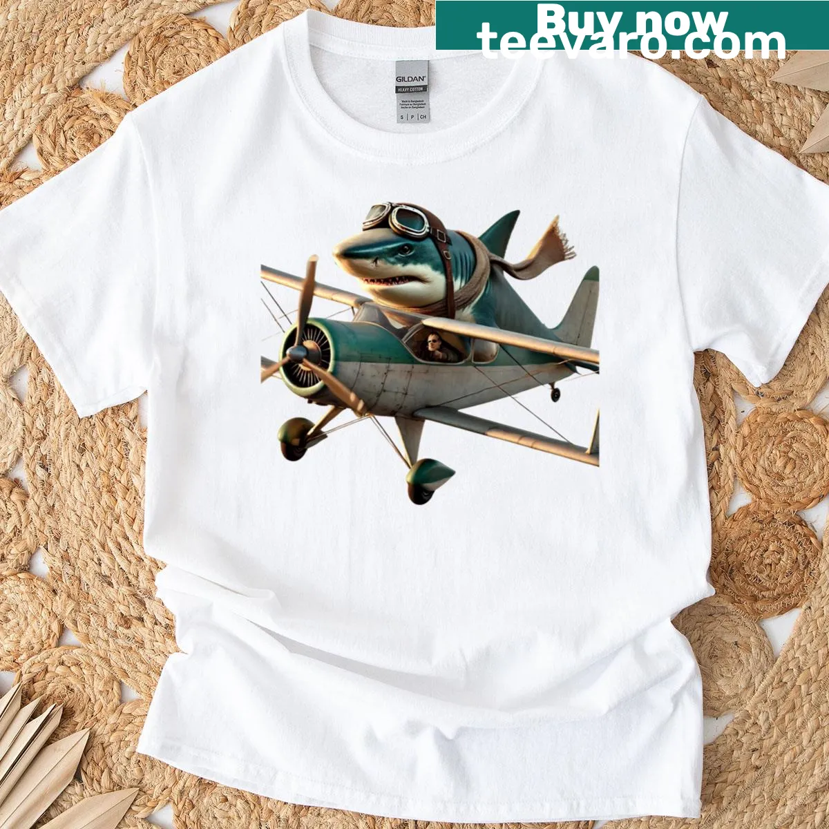 Cartoon shark flying in a plane graphic T-shirt — on a men's t-shirt