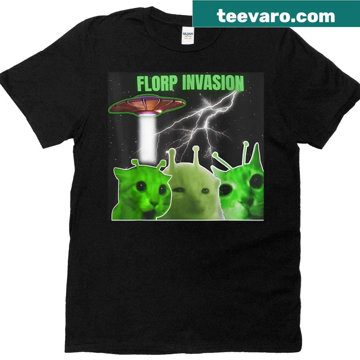 Cartoon cat alien graphic with meme text on a T-shirt — on a men's t-shirt