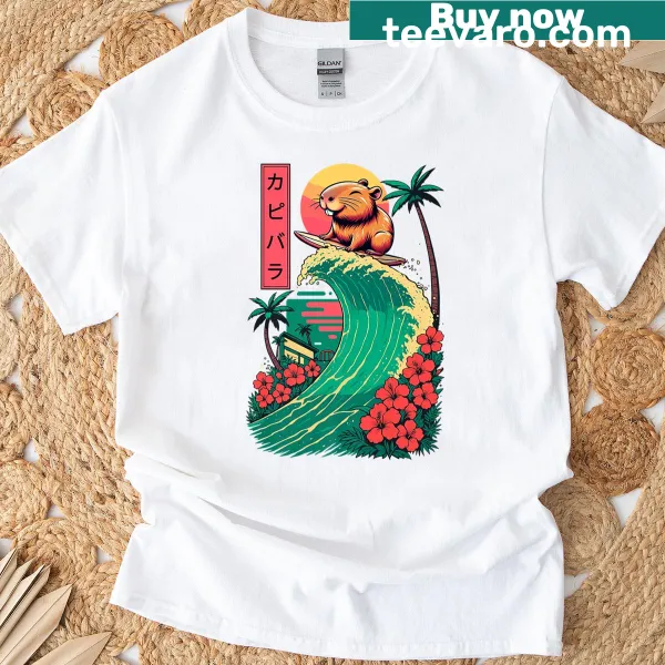 Capybara surfing on wave graphic T-shirt