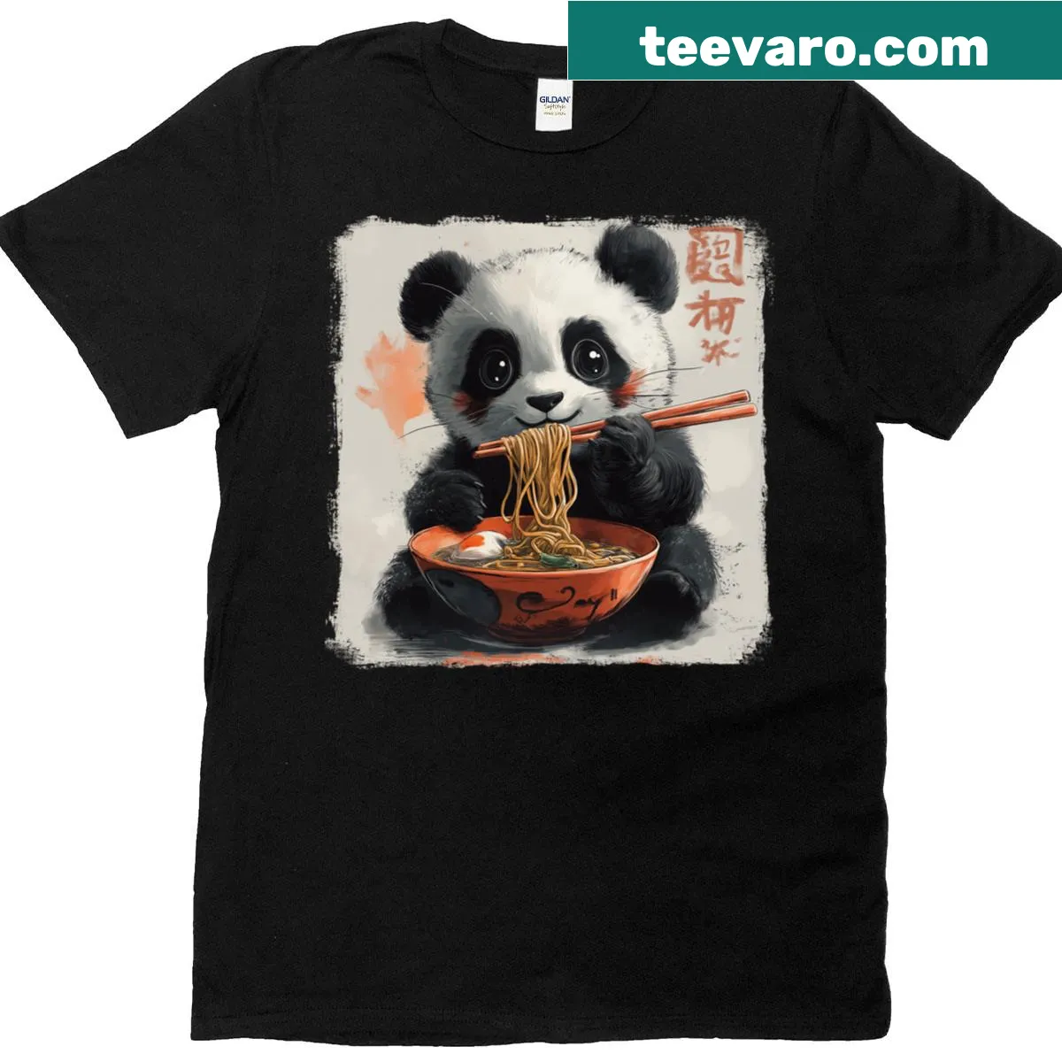 Cute panda and ramen noodle graphic on anime-inspired t-shirt — on a men's t-shirt