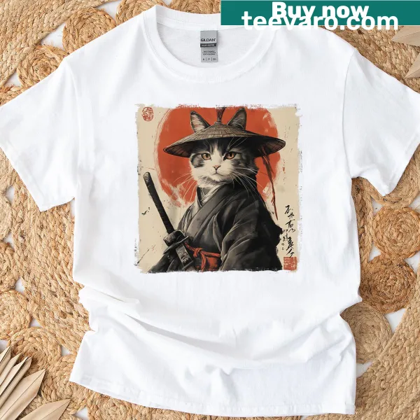 Ukiyo-e inspired samurai cat graphic T-shirt