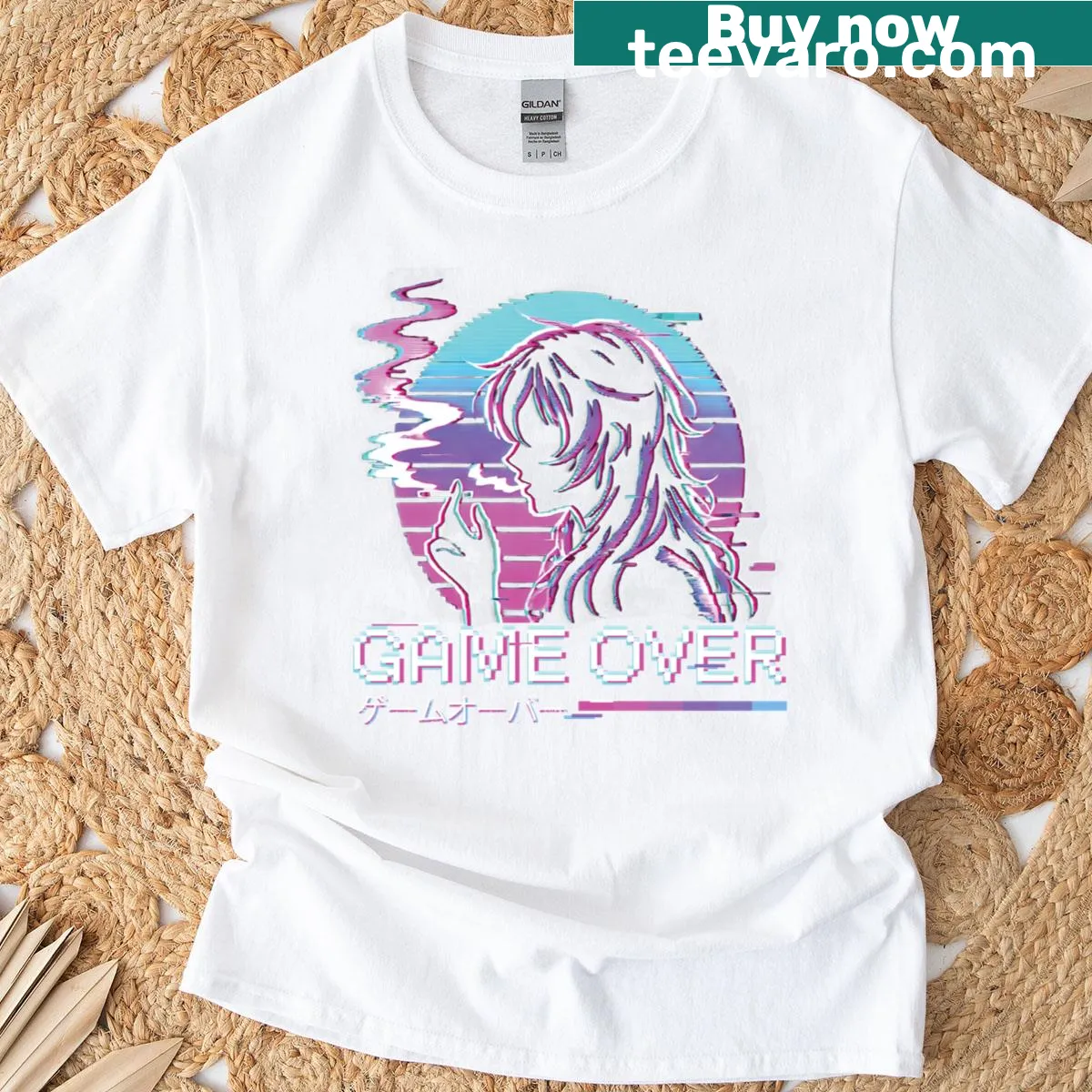 Sad anime girl graphic in vaporwave style on a t-shirt. — on a men's t-shirt