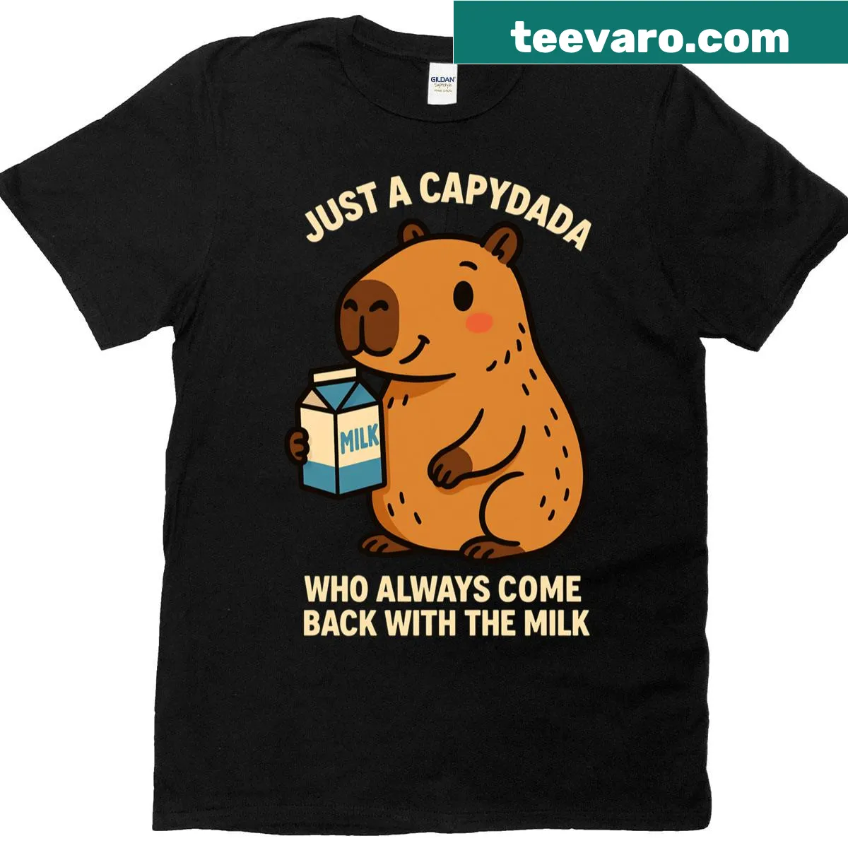 Whimsical capybara dad T-shirt with playful anime-inspired design — on a men's t-shirt