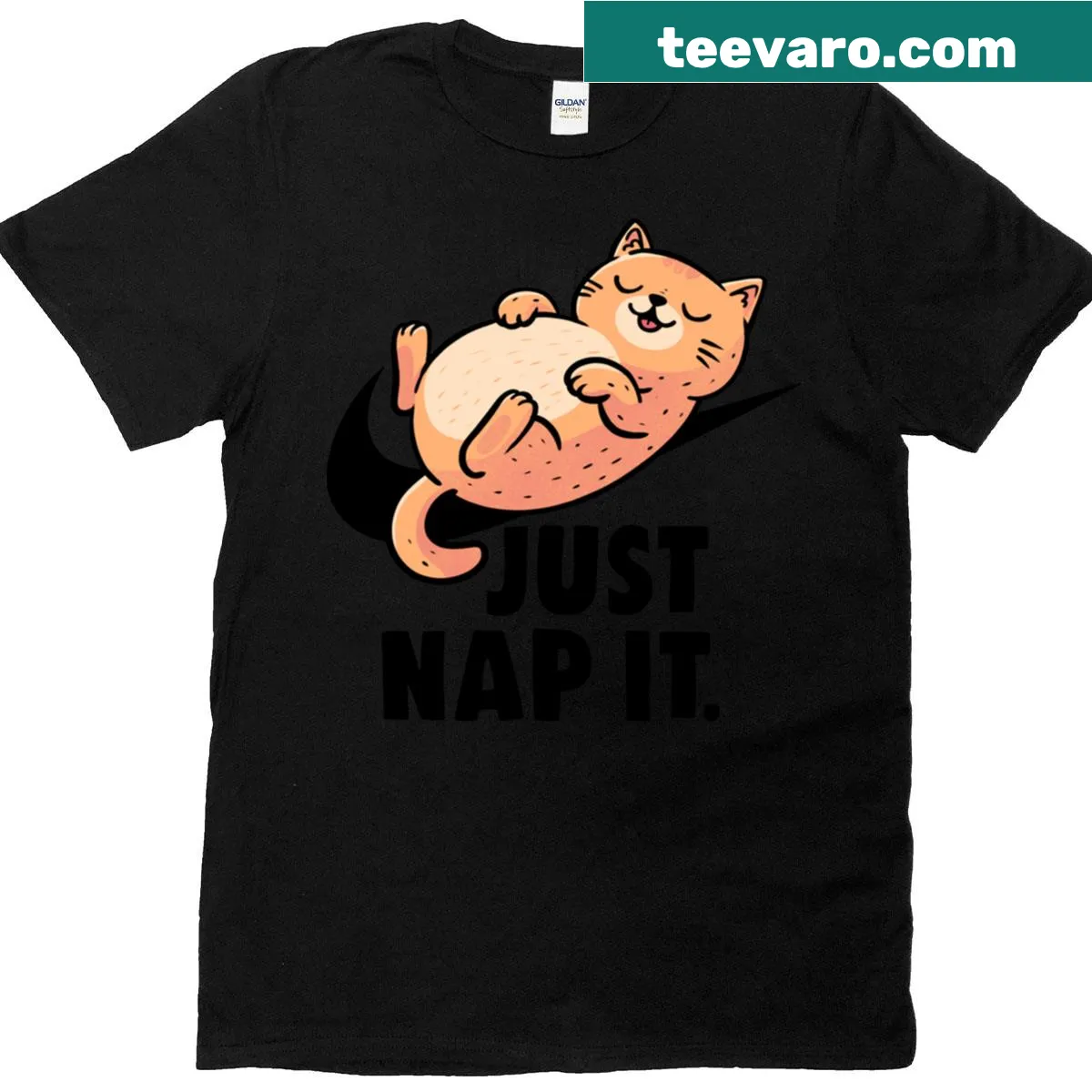 Oversized T-shirt featuring a cute illustration of a lazy cat with the text 'Just Nap It'. — on a men's t-shirt