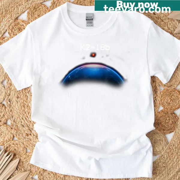 Whimsical graphic design of K2-18b on T-shirt celebrating space travel