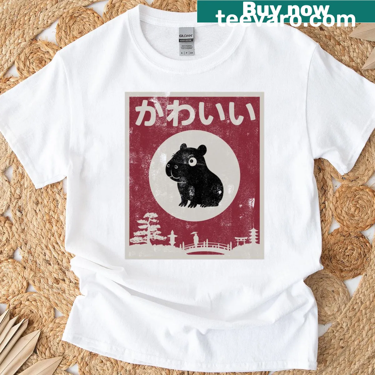 Cute capybara illustration on Kawaii Japanese scene t-shirt — on a men's t-shirt