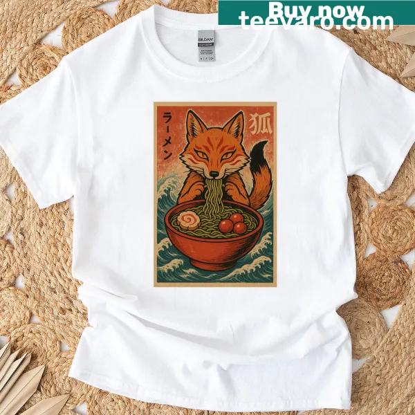 Kawaii kitsune fox eating ramen in a cartoon style on a T-shirt.