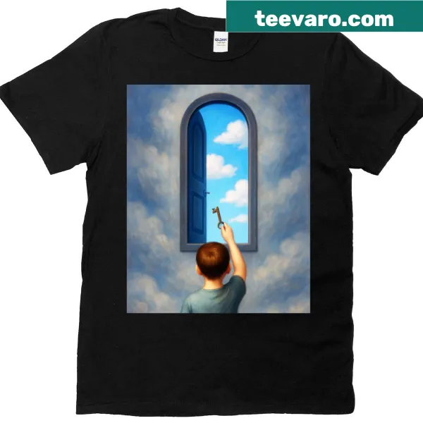 Surreal T-shirt depicting a boy unlocking the heavens, representing dreams.