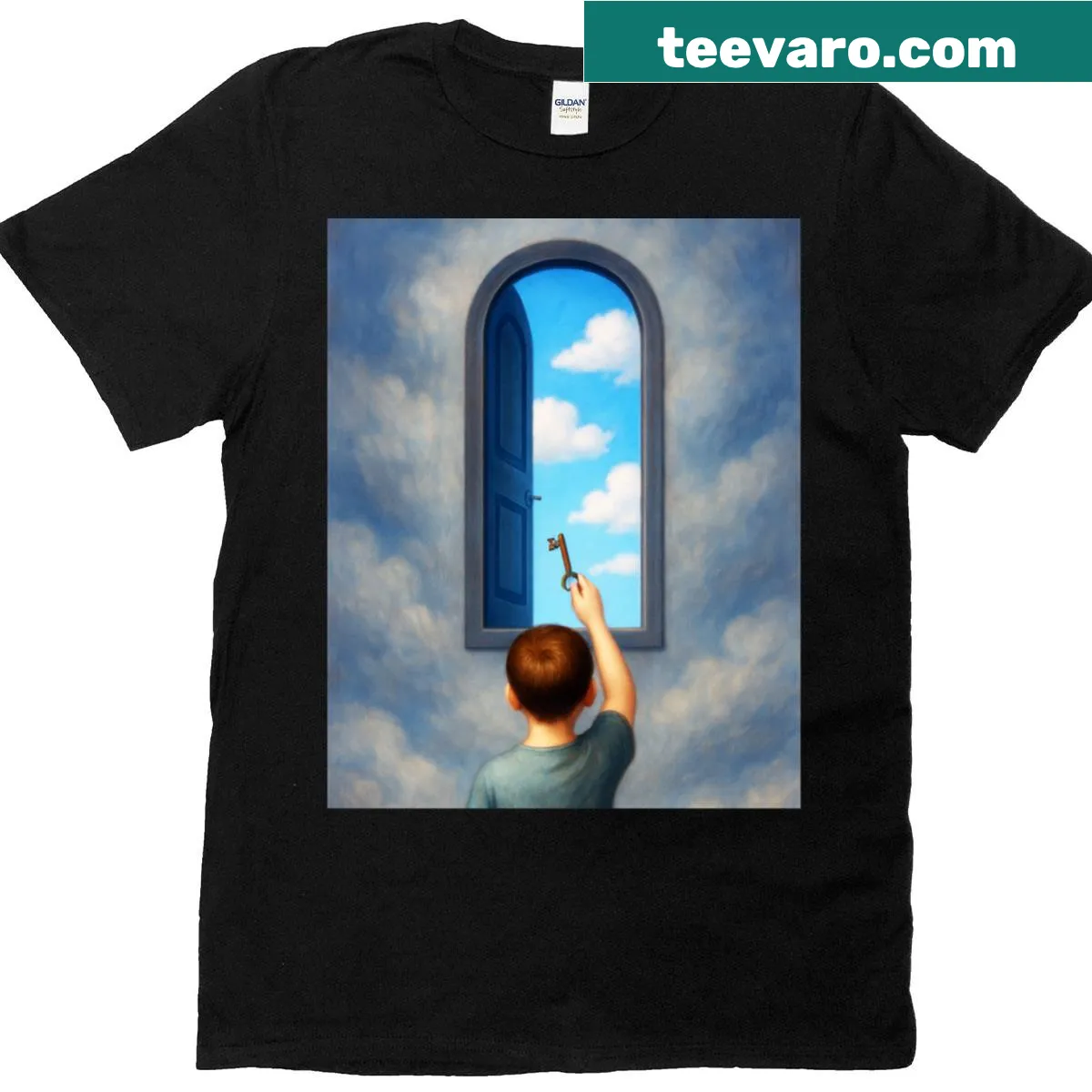 Surreal T-shirt depicting a boy unlocking the heavens, representing dreams. — on a men's t-shirt