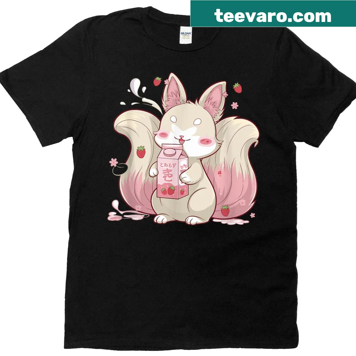 Adorable kitsune fox design with strawberry milk theme on a t-shirt — on a men's t-shirt