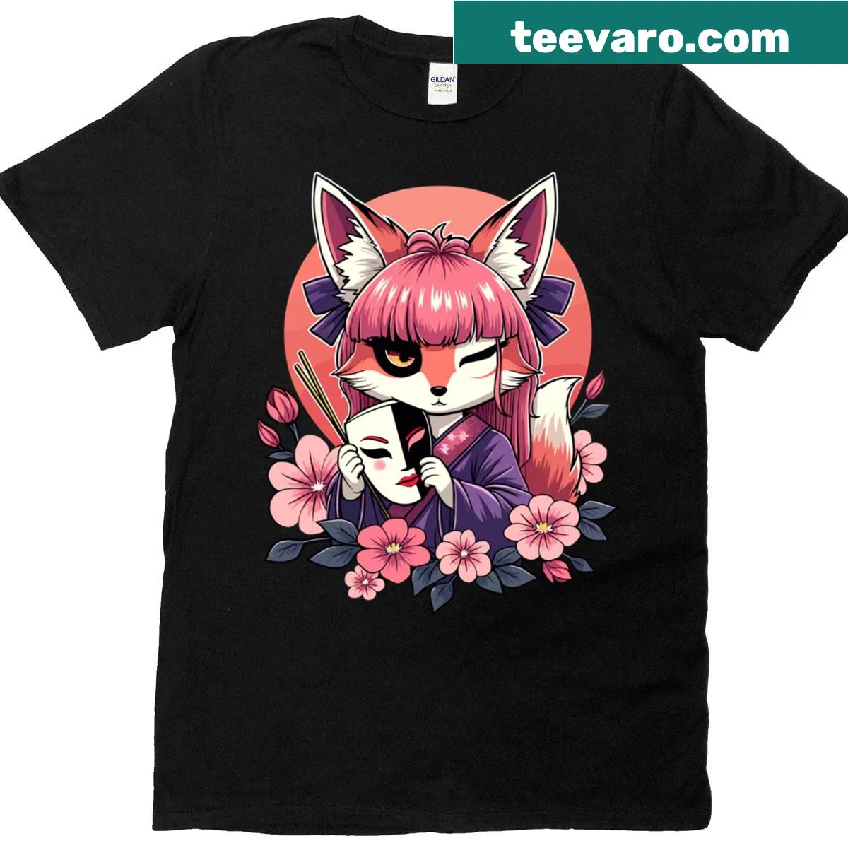 Illustrated kitsune T-shirt featuring a fox with a mask and blossoms — on a men's t-shirt