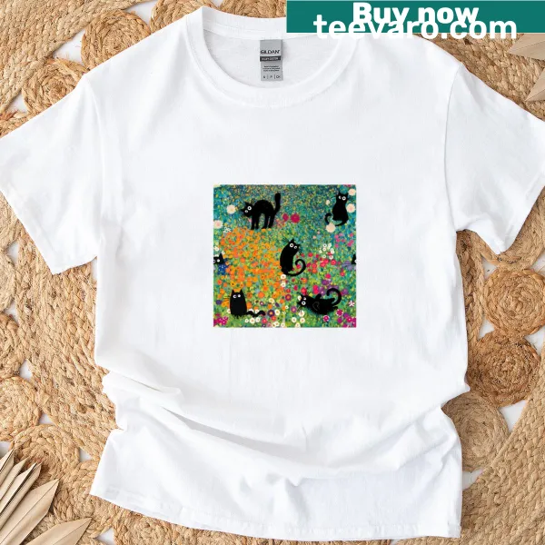 T-shirt featuring quirky cat illustrations inspired by Klimt