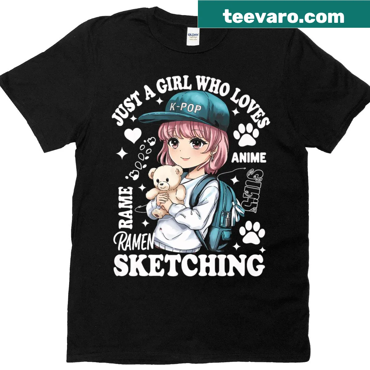 Cute T-shirt featuring a girl sketching ramen noodles in anime style — on a men's t-shirt