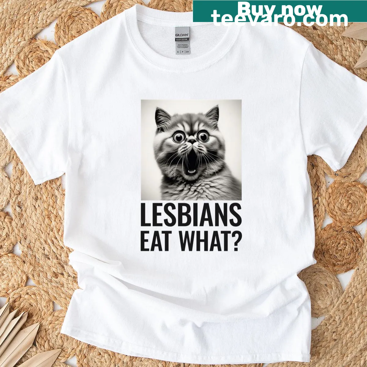 Bold lettering t-shirt with the quote 'Lesbians Eat What?' — on a men's t-shirt