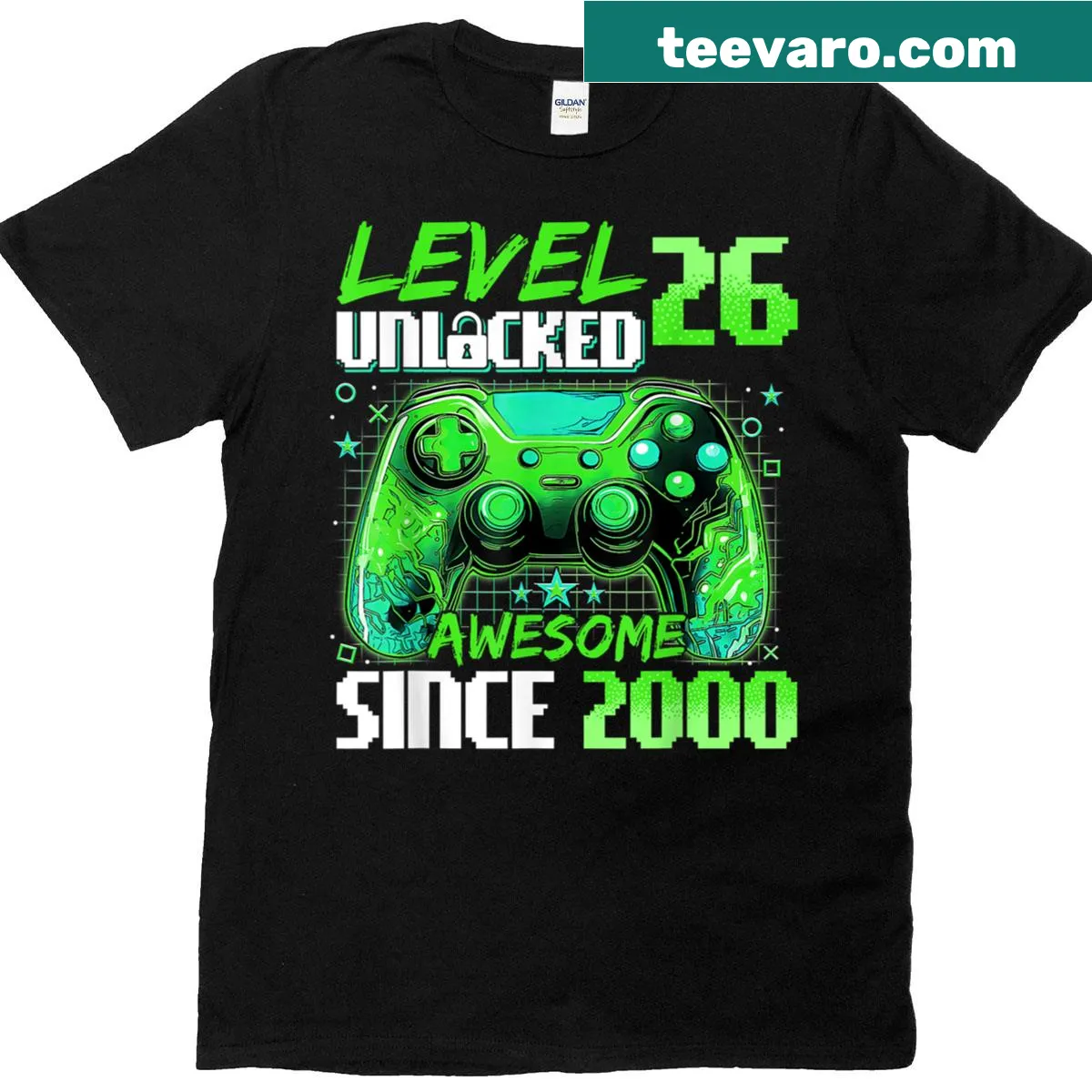 Level 26 Unlocked Since 2000 T-shirt with gamepad graphic — on a men's t-shirt