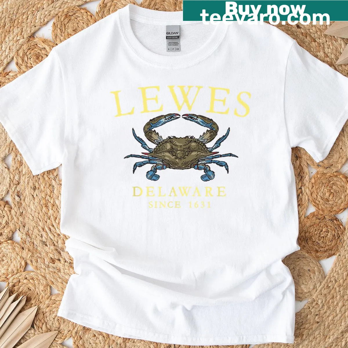 Lewes Delaware Blue Claw Crab T-shirt with yellow letters and crab illustration — on a men's t-shirt