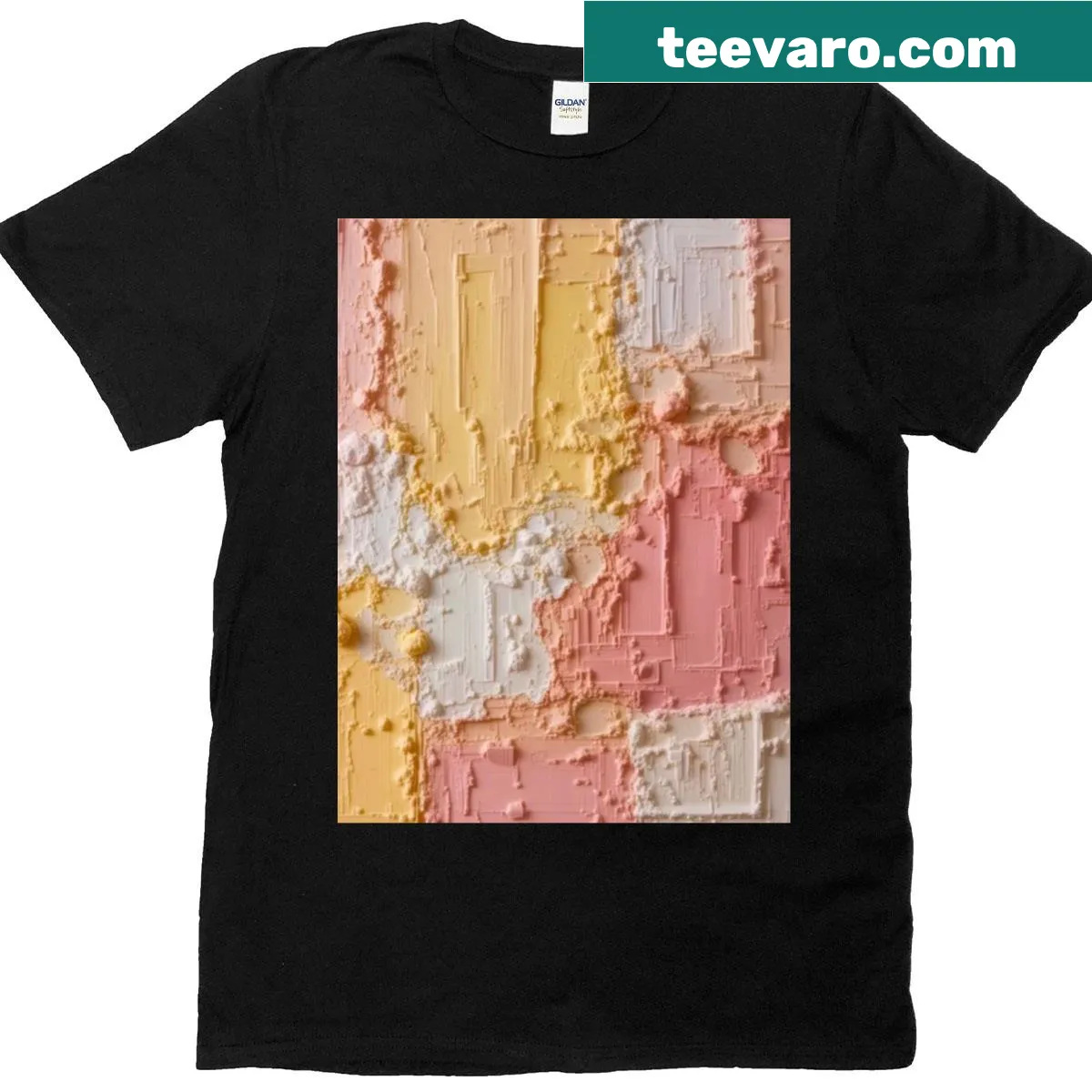 Abstract textured cube pattern in light pink, yellow, and white on t-shirt. — on a men's t-shirt