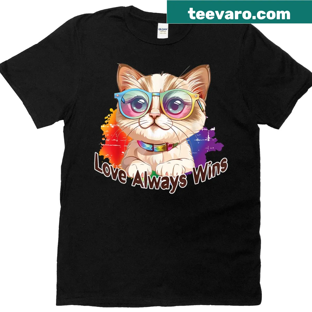 Cute LGBTQ cat design with rainbow heart graphic — on a men's t-shirt