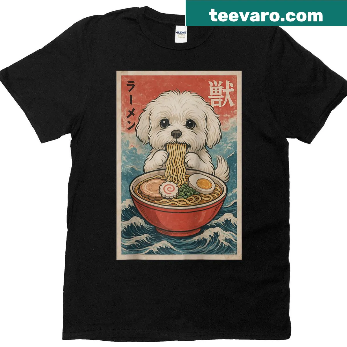 Cartoon Maltese dog eating ramen on T-shirt — on a men's t-shirt
