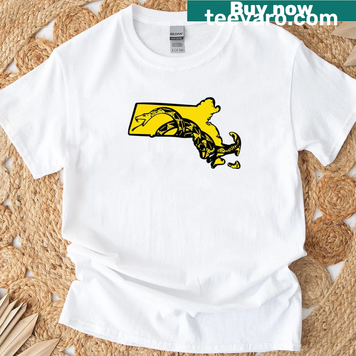 T-shirt featuring the Gadsden Snake and Massachusetts map in emblematic design — on a men's t-shirt