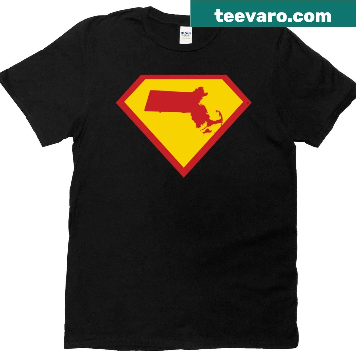 Massachusetts shield design with superhero theme — on a men's t-shirt