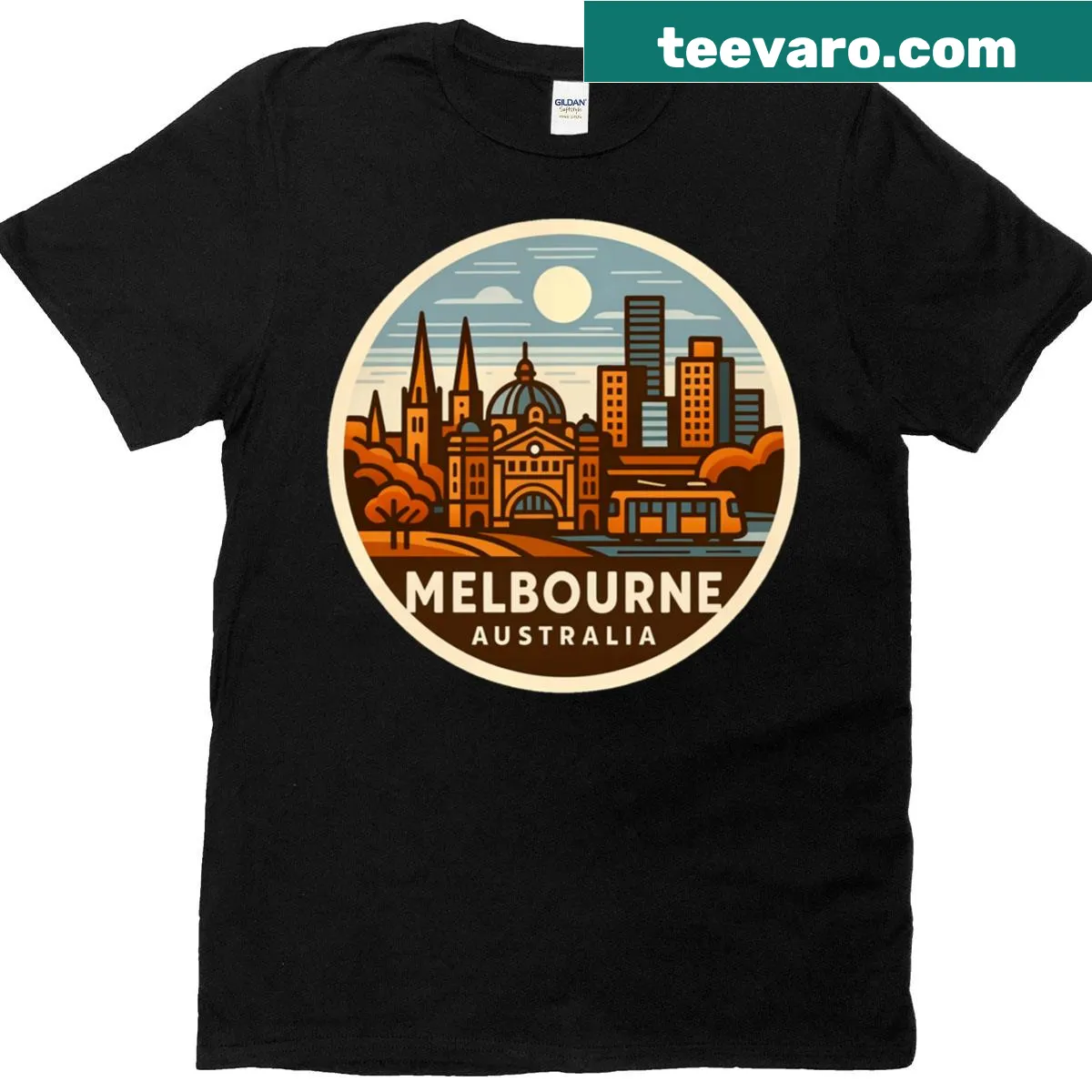 Oversized T-shirt featuring an illustration of Melbourne, Australia — on a men's t-shirt