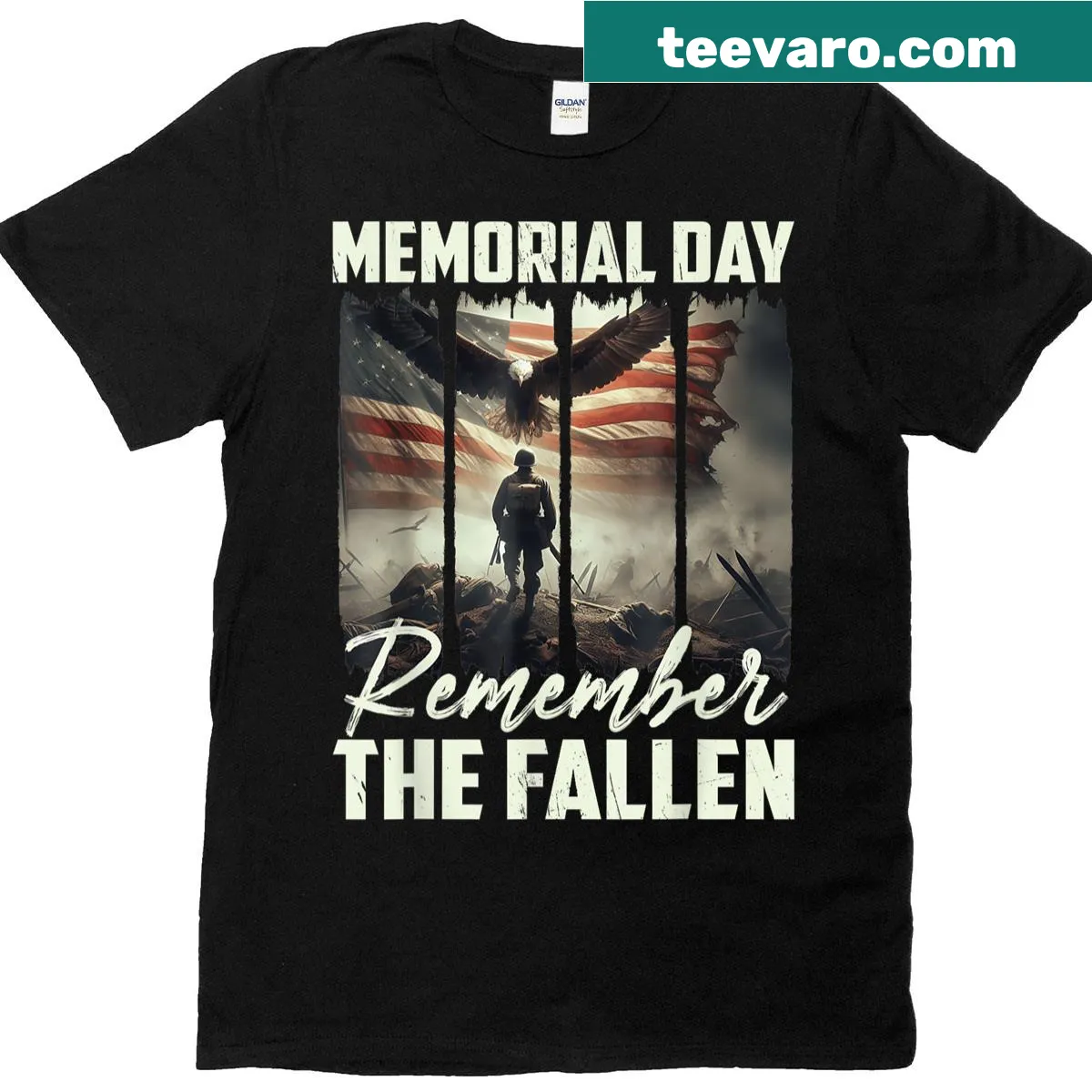 Vintage style shirt with 'Remember The Fallen' tribute graphic — on a men's t-shirt