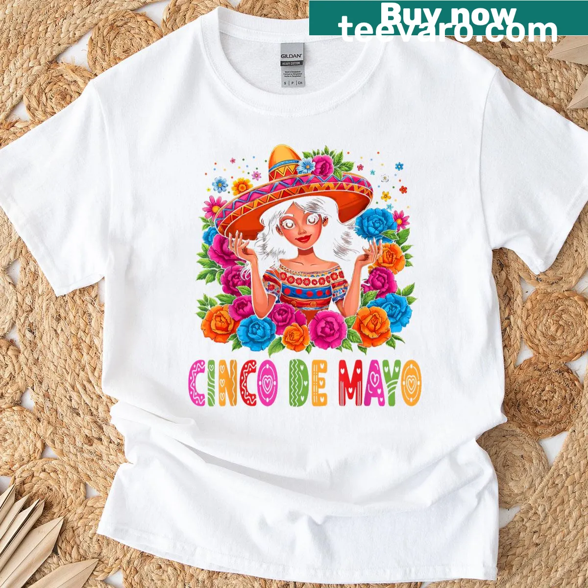 Illustration of a girl in poncho and sombrero for Cinco de Mayo — on a men's t-shirt