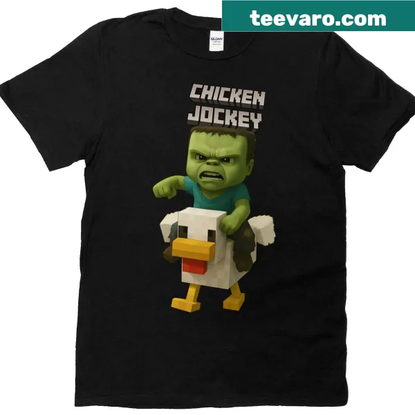 Cartoon graphic of a baby zombie on a chicken from Minecraft