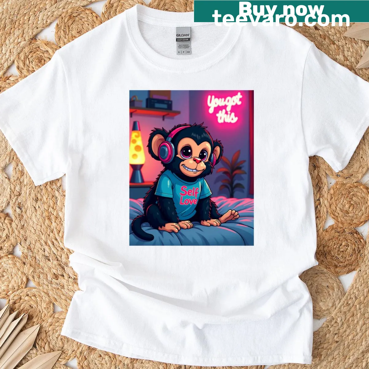 Whimsical T-shirt featuring a monkey promoting self-love with a cheerful message. — on a men's t-shirt