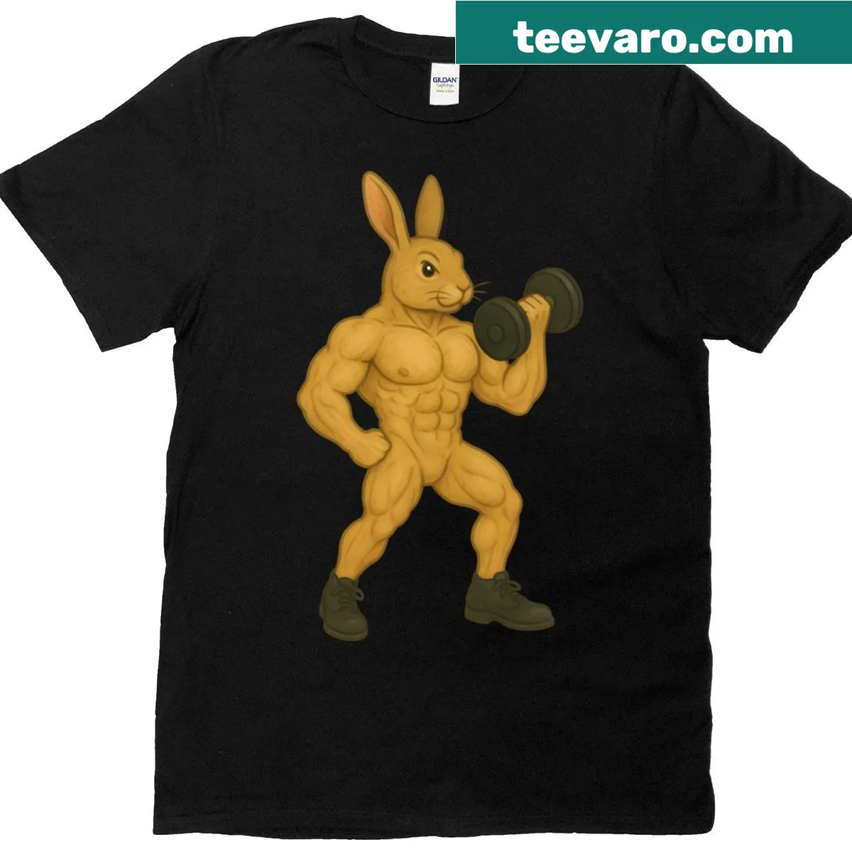 Illustrated muscular rabbit in a fun cartoon style — on a men's t-shirt