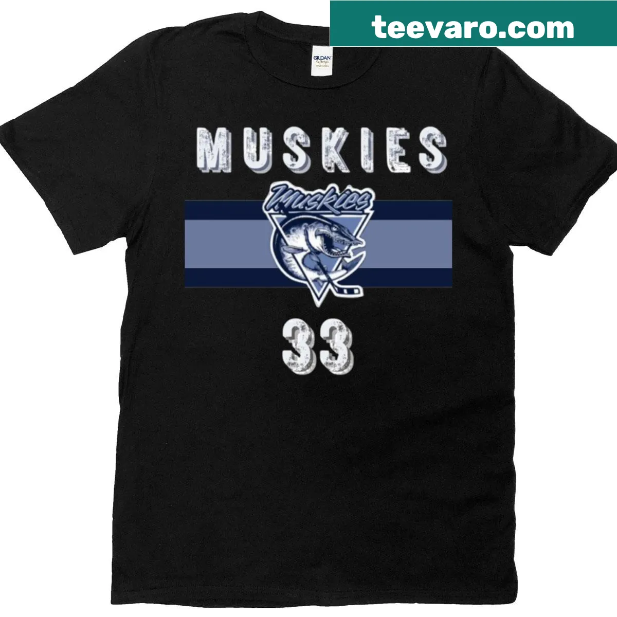 Illustration of a muskie with the number 33 on a t-shirt — on a men's t-shirt