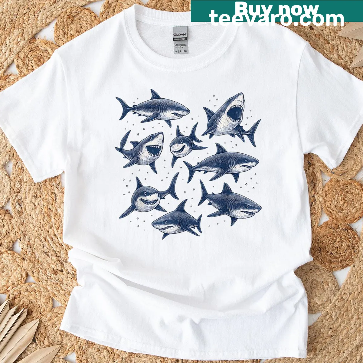 Retro ocean graphic t-shirt featuring sharks and sea life — on a men's t-shirt