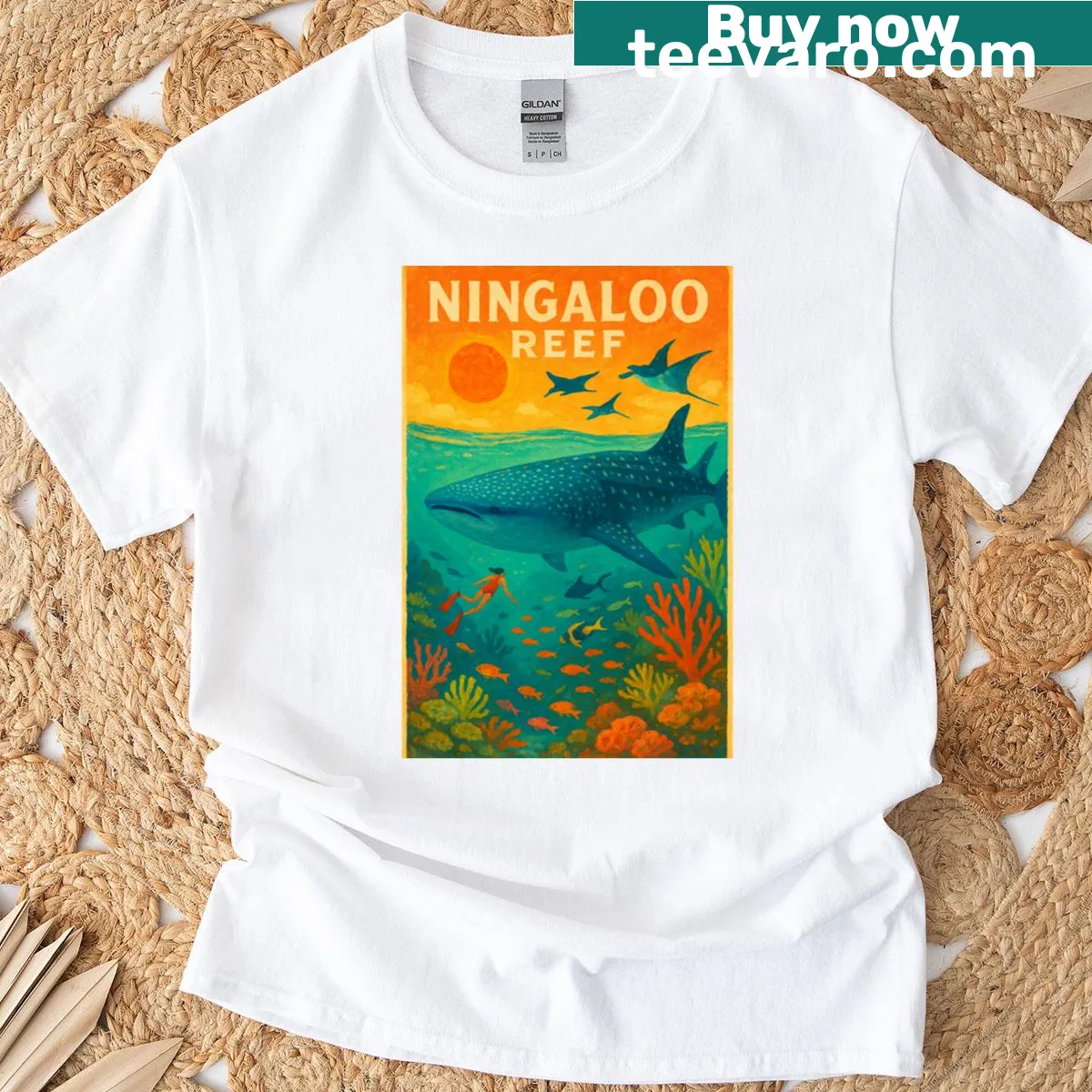 T-shirt featuring a whale shark design inspired by Ningaloo Reef — on a men's t-shirt