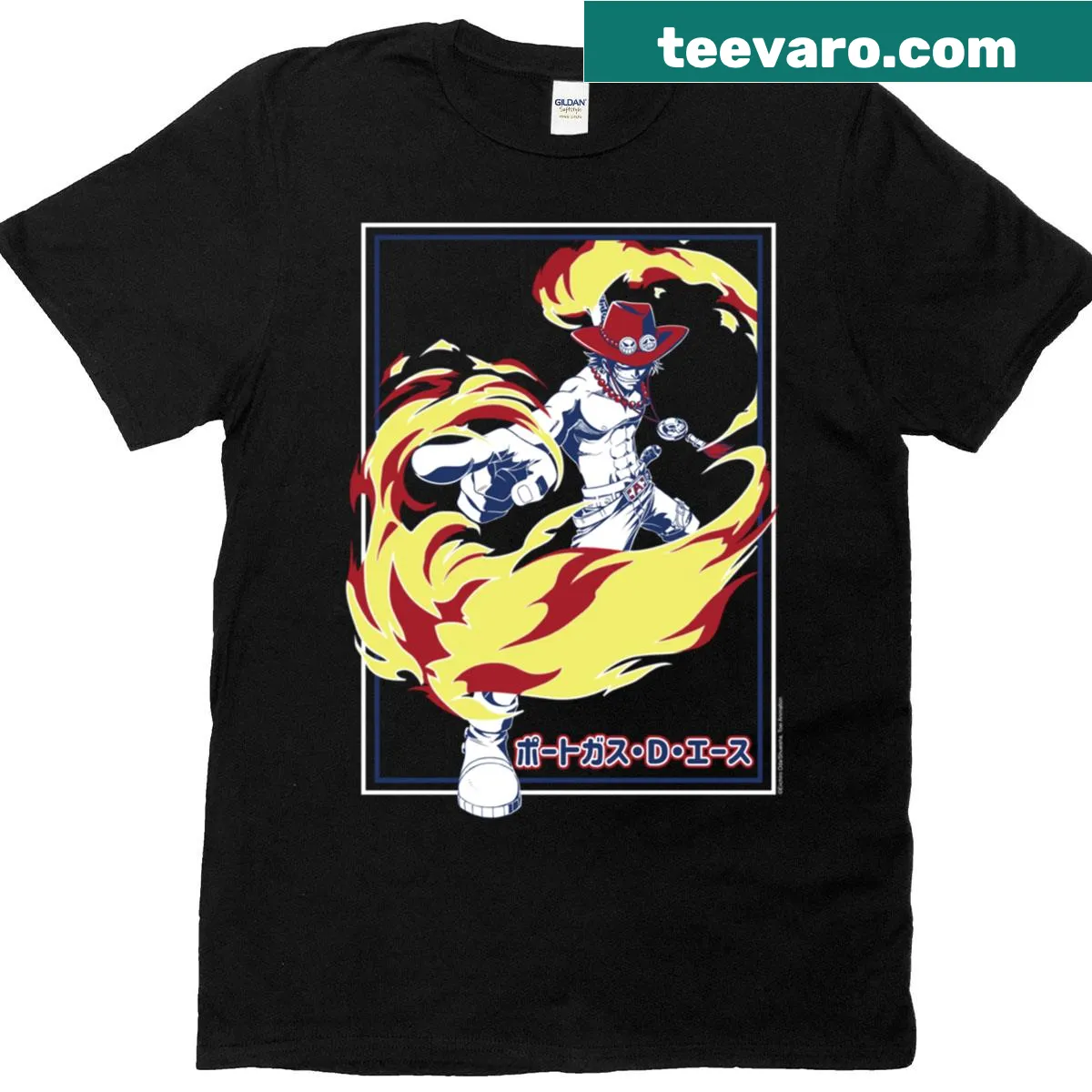 Graphic t-shirt featuring Fire Fist Ace from One Piece — on a men's t-shirt