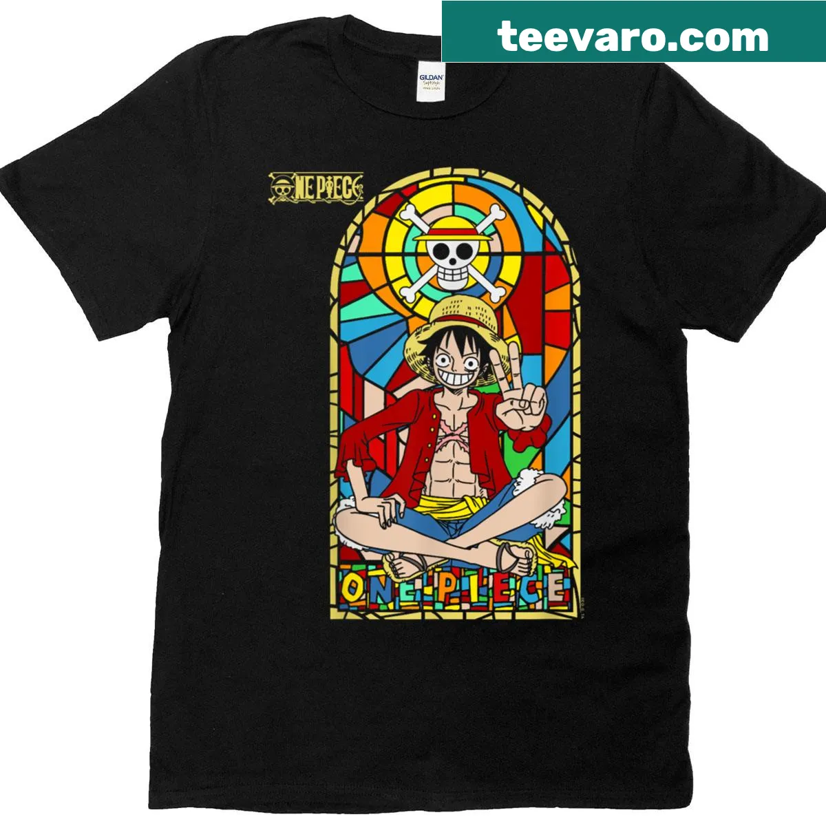 T-shirt featuring a stained glass illustration of Monkey D. Luffy from One Piece — on a men's t-shirt