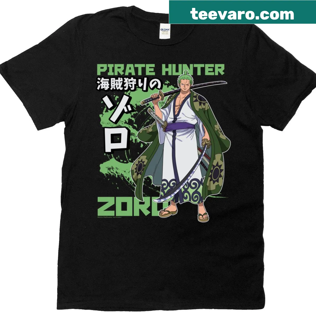 One Piece Zoro Wano costume kanji graphic t-shirt — on a men's t-shirt