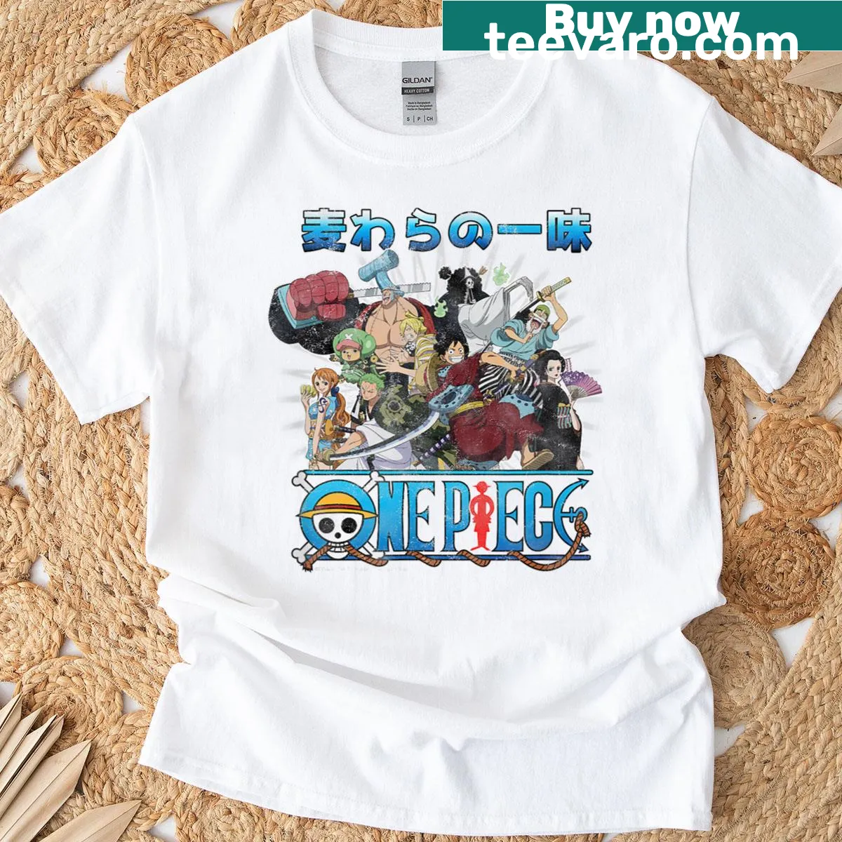 Retro One Piece Straw Hat Crew T-shirt featuring a collage of characters — on a men's t-shirt