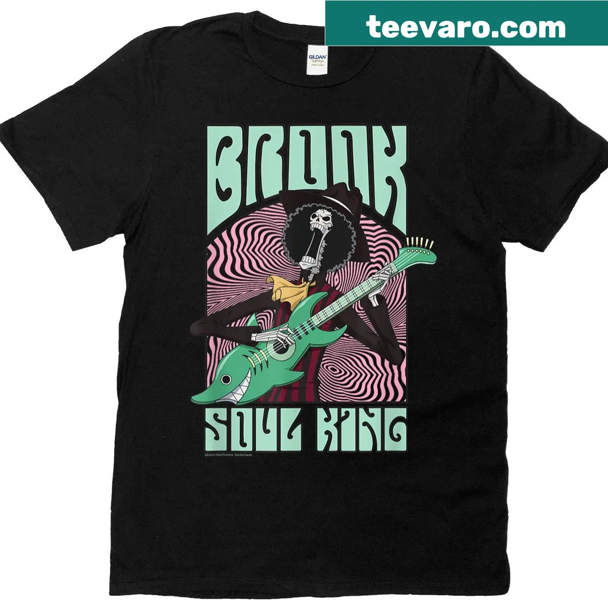 T-shirt featuring Soul King Brook playing guitar from One Piece — on a men's t-shirt