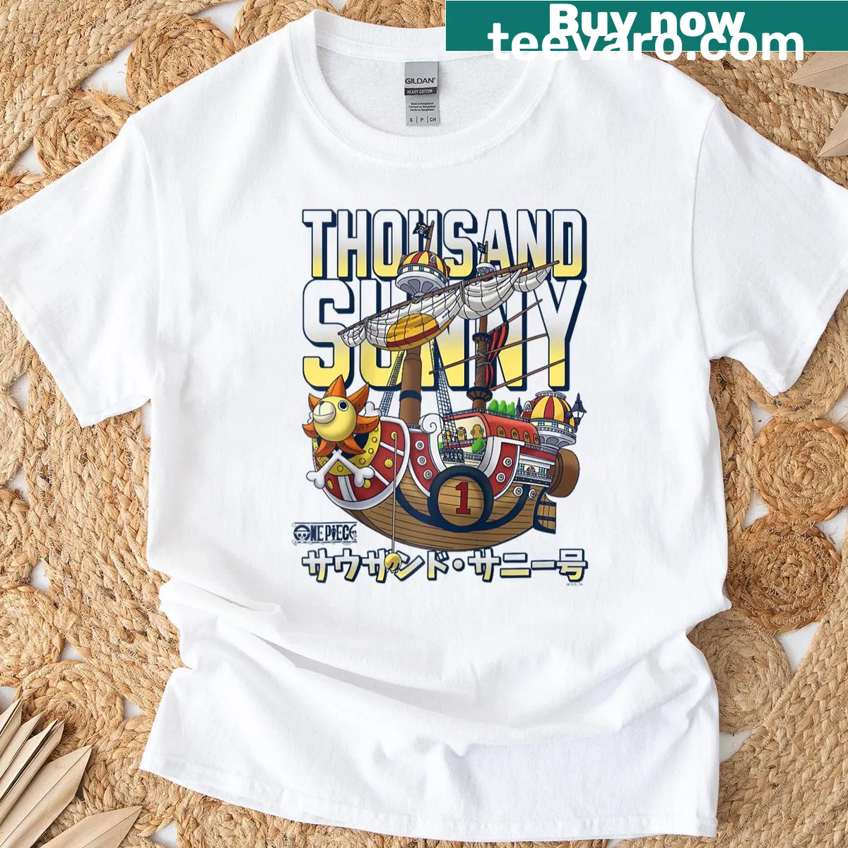 Thousand Sunny pirate ship graphic on raglan baseball tee. — on a men's t-shirt